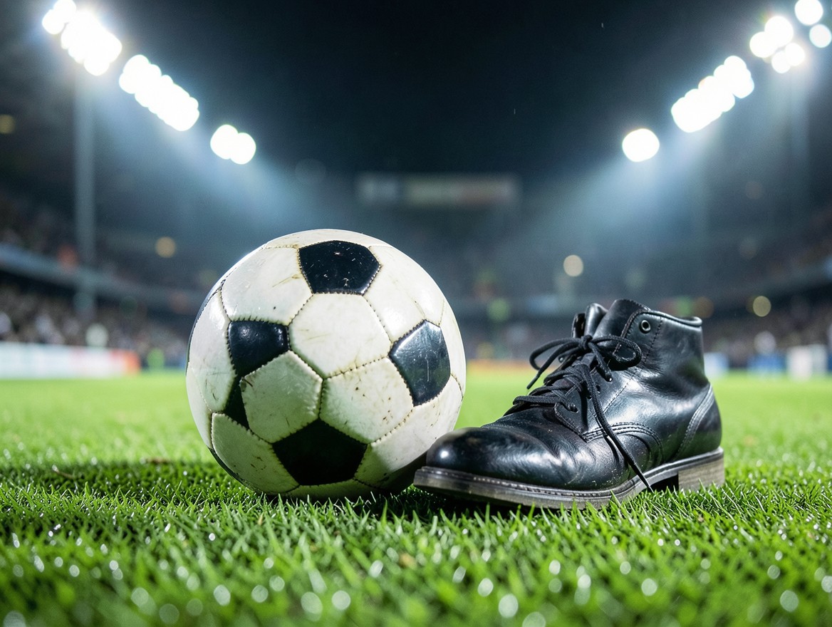 Balón y calzado en una cancha de fútbol